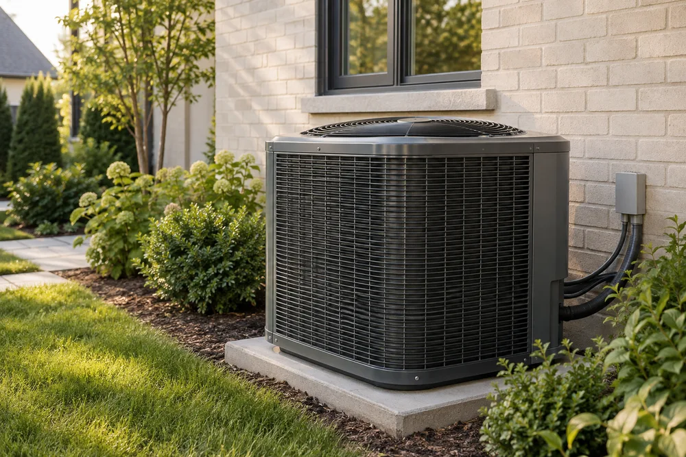 Illustrative outdoor HVAC unit beside a brick home